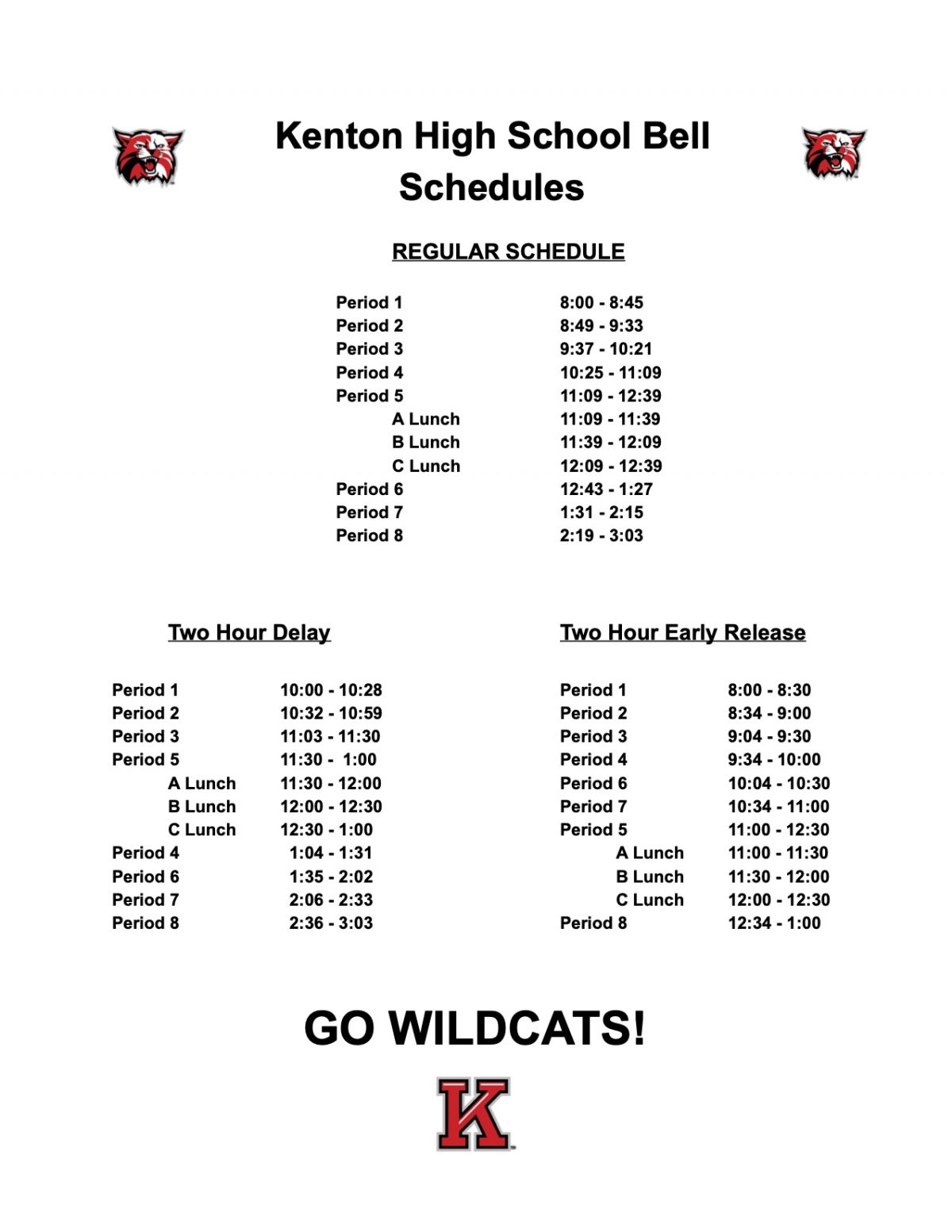 KHS 1st Semester Bell Schedules Kenton City Schools